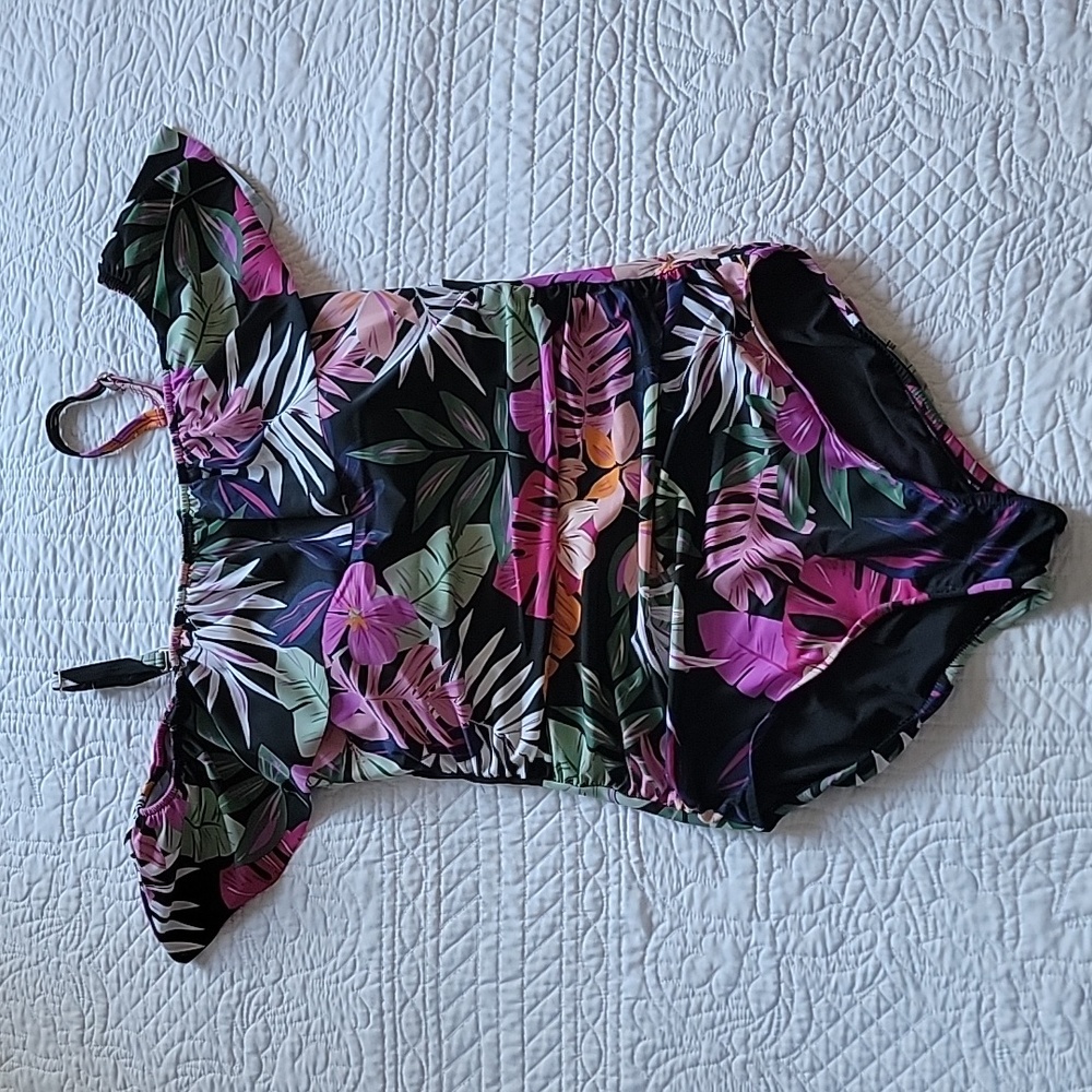 Off The Shoulder Black Tropical Print Tummy Control Waist Mininizer Swimsuit